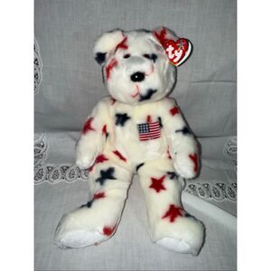 Ty Beanie Buddy Glory Bear 2001 Red White Blue Stars Flag USA Mint Tags 15” TyLO
